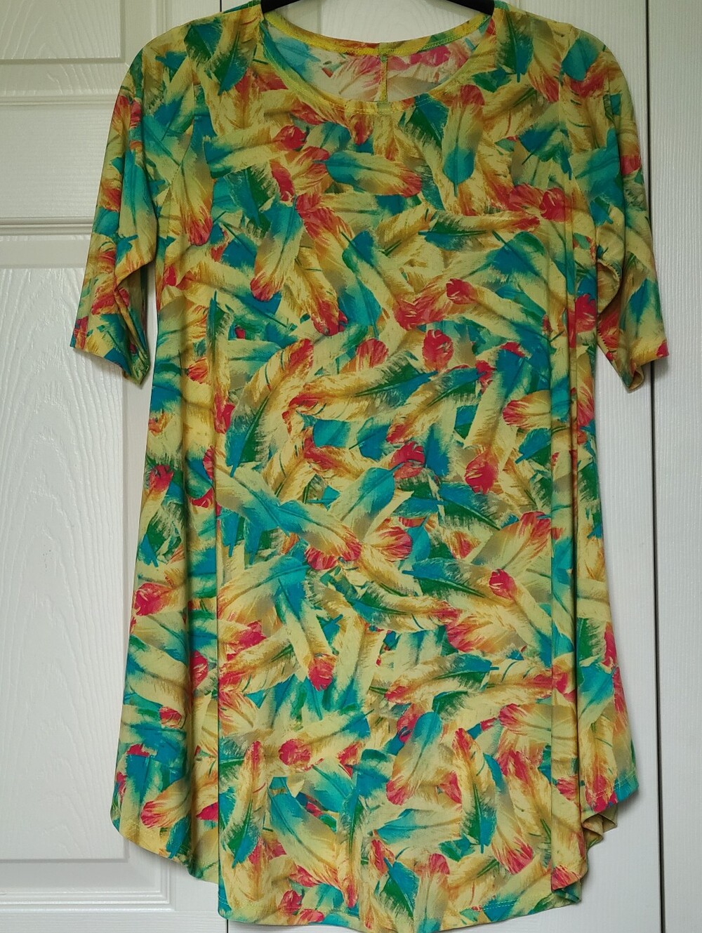 Colorful Feather-Print Tunic Top Dress Yellow, Teal & Coral Made in USA Medium